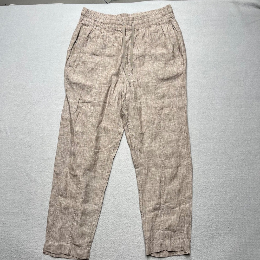 Athleta Women Tan 100% Linen Jogger Pants Size Medium Drawstring Zip Pocket 2131